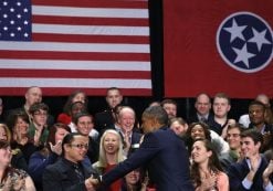 Obama shakes hands as he arrives to speak about during a visit to Pellissippi State College in Knoxville