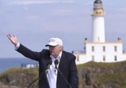 Presumptive Republican presidential nominee Donald J. Trump speaks in front of a lighthouse at Turnberry during a news conference. (Photo: Reuters)