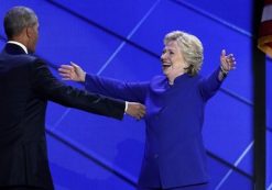 Democratic President Barack Obama, left, embraces Hillary Clinton, right, after speaking to the Democratic National Convention at the Wells Fargo Arena in Philadelphia. (Photo: FOX)