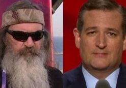 Duck Dynasty star Phil Robertson, left, speaks with the hosts of Fox and Friends. Sen. Ted Cruz, right, speaks to the Republican National Convention at the Quicken Loans Arena in Cleveland, Ohio. (Photos: People's Pundit Daily/Fox News)