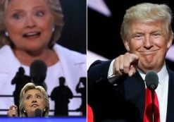 Donald J. Trump, right, addresses the Republican National Convention in Cleveland, while Hillary Clinton, left, addresses the Democratic National Convention in Philadelphia. (Photos: AP/Reuters)