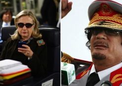 Then-Secretary Hillary Clinton, left, works from a desk inside a C-17 military plane following her departure from Malta, in the Mediterranean Sea, bound for Tripoli, Libya, Oct.18, 2011. Former Libyan dictator Col. Moammar Gaddafi, right. (Photo: Kevin Lamarque - Associated Press)