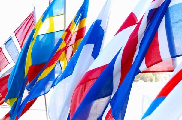 The flags of the Nordic nations such as Denmark, Norway, Sweden, Finland and Iceland.