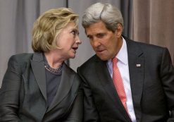 Secretary of State John Kerry speaks with former Secretary of State Hillary Rodham Clinton during the groundbreaking ceremony for the U.S. Diplomacy Center, Wednesday, Sept. 3, 2014, at the State Department in Washington. Kerry hosted five of his predecessors in a rare public reunion for the groundbreaking of a museum commemorating the achievements of American statesmanship. (Photo: AP/Carolyn Kaster)