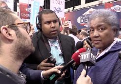 DNC chair Donna Brazile fends off reporters at the third and final presidential debate in Las Vegas, Nevada on Wednesday, October 19, 2016.