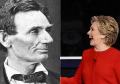 Democratic presidential candidate Hillary Clinton, left, and Abraham Lincoln, left, the 16th president of the United States.