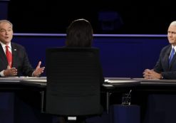 Democratic vice-presidential nominee Sen. Tim Kaine answers a question as Republican vice-presidential nominee Gov. Mike Pence listens during the vice-presidential debate at Longwood University in Farmville, Va., Tuesday, Oct. 4, 2016. (Photo: AP/David Goldman)