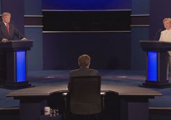 Moderator Chris Wallace, of FOX News, turns towards the audience as he questions Democratic presidential nominee Hillary Clinton and Republican presidential nominee Donald Trump during the third presidential debate at UNLV in Las Vegas, Wednesday, Oct. 19, 2016.(AP Photo/Julio Cortez)