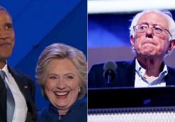 Democratic President Barack Obama, left, Hillary Clinton, center, and Vermont Sen. Bernie Sanders, right, each appear on stage during the Democratic National Convention in Philadelphia, Pennsylvania in July 2016.