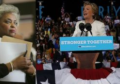 Broward County Florida Supervisor of Elections Brenda Snipes, left, and Democratic presidential nominee former Secretary of State Hillary Clinton during a campaign rally at Rev Samuel Deleove Memorial Park on November 1, 2016 in Ft Lauderdale, Florida.