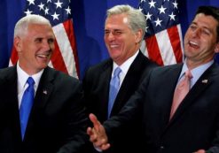 Republican vice presidential nominee Mike Pence (L-R), Representative Kevin McCarthy (R-CA) and U.S. House Speaker Paul Ryan (R-WI) laugh when a reporter Ryan called on began to ask Pence a question about his criticism of Donald Trump, during a joint news conference. (PHOTO: REUTERS)