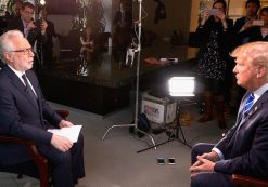 Wolf Blitzer, left, and Republican presidential candidate Donald Trump sit for an interview in which the Democratic National Committee designed and planted the questions for the 