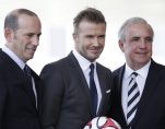 MLS commissioner Don Garber, left, David Beckham, center, and Miami-Dade County Mayor Carlos Gimenez, right. (Photo: Reuters)