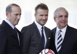 MLS commissioner Don Garber, left, David Beckham, center, and Miami-Dade County Mayor Carlos Gimenez, right. (Photo: Reuters)