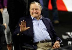 In this April 2, 2016, file photo, former President George H. W. Bush waves as he arrives at NRG Stadium before the NCAA Final Four tournament college basketball semifinal game between Villanova and Oklahoma in Houston. Houston-area media are quoting former President George H.W. Bush's chief of staff as saying that Bush has been hospitalized in Houston. (Photo: AP)