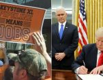 Union workers, left, gather to support the construction of the Keystone XL pipeline. U.S. President Donald Trump, right, signs his first executive orders at the White House. (Photo: Reuters)