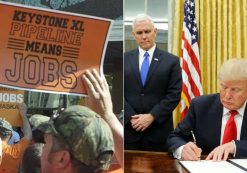 Union workers, left, gather to support the construction of the Keystone XL pipeline. U.S. President Donald Trump, right, signs his first executive orders at the White House. (Photo: Reuters)