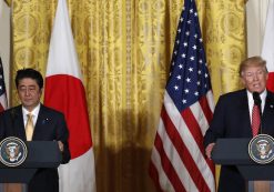 Japanese Prime Minister Shinzō Abe, left, looks on as U.S. President Donald J. Trump, right, speaks during a joint press conference at the White House in Washington, U.S., February 10, 2017.