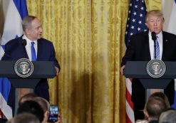 President Donald J. Trump and Israeli Prime Minister Benjamin Netanyahu hold in a joint news conference in the East Room of the White House on Wednesday Feb. 15, 2017.