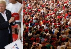 President Donald J. Trump, left, points to a supporter's 