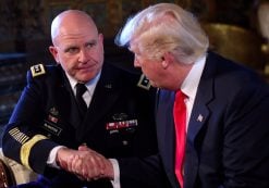 President Donald Trump, right, shakes hands with Army Lt. Gen. H.R. McMaster, left, at Trump's Mar-a-Lago estate.