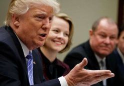 President Donald Trump speaks during a meeting with retail industry leaders in the Roosevelt Room of the White House in Washington, Wednesday, Feb. 15, 2017. From left are, Trump, Jo-Ann Craft Stores CEO Jill Soltau, Gap Inc. CEO Art Peck, and Jeremy Katz, an adviser to National Economic Council Director Gary Cohn.