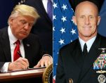 President Donald J. Trump, left, signs an executive order and, right, Vice Admiral Robert S. Harward.