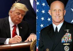 President Donald J. Trump, left, signs an executive order and, right, Vice Admiral Robert S. Harward.