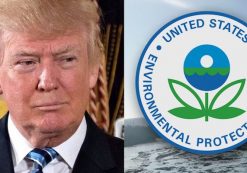 President Donald J. Trump, left, speaks from the East Room. The Environmental Protection Agency (EPA) seal, right.