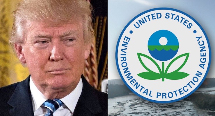 President Donald J. Trump, left, speaks from the East Room. The Environmental Protection Agency (EPA) seal, right.