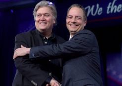 White House Chief of Staff Reince, left, and Senior Counselor Steve Bannon, right, make a joint appearance at the Conservative Political Action Conference in Maryland on Feb. 23, 2017.