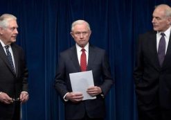 Secretary of State Rex Tillerson, left, Attorney General Jeff Sessions, center, and Secretary of the Department of Homeland Security (DHS) John Kelly, right, hold a press conference to announce a new executive order travel ban signed by President Donald J. Trump.