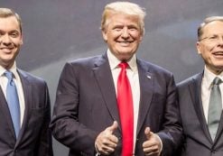 President Donald Trump, center, Wayne LaPierre, right, and Chris Cox, left, at the National Rifle Association (NRA) annual convention in Atlanta, Ga. (Photo: NRA)