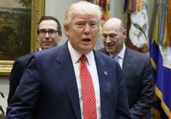 President Donald Trump, followed by Treasury Secretary Steven Mnuchin, left, and White House Economic Council Director Gary Cohn arrives for a meeting on the Federal budget, Wednesday, Feb. 22, 2017, in the Roosevelt Room of the White House in Washington. (AP Photo/Evan Vucci)