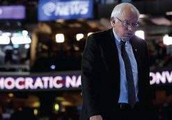 Bernie Sanders stands at the podium on stage during a walk through before the start of the Democratic National Convention in Philadelphia, Pennsylvania on July 25, 2016. (Photo: SS)