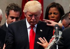 Members of the clergy lay hands and pray over then-Republican presidential nominee Donald J. Trump at the New Spirit Revival Center in Cleveland Heights, Ohio. (Photo: Reuters)