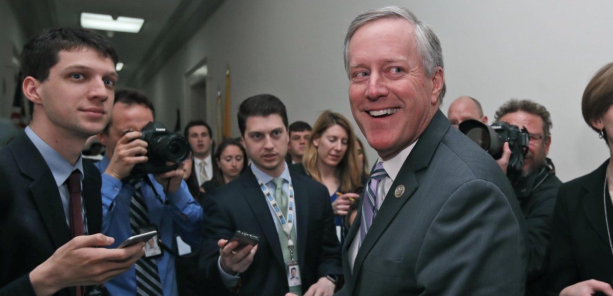 House Freedom Caucus Chairman Rep. Mark Meadows, R-N.C. smiles as he speaks with the media on Capitol Hill in Washington, March 23, 2017. (Photo: AP)
