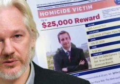 WikiLeaks editor Julian Assange, left, and a flyer with slain DNC staffer Seth Rich, right.