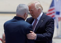 U.S. President Donald Trump (R) hugs Israeli Prime Minister Benjamin Netanyahu upon his arrival at Ben Gurion International Airport in Lod near Tel Aviv, Israel May 22, 2017. (Photo: Reuters)