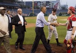 US President Barack Obama greets members of the Republican team during the annual Congressional Baseball Game between the Democrats and Republicans in Congress at Nationals Park in Washington, DC, June 11, 2015. (Photo: AP)