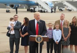 President Donald J. Trump speaks about healthcare at Cincinnati Municipal Lunken Airport in Cincinnati, Ohio, Wednesday, June 7, 2017. Shown are PlayCare co-owner Rays Whalen, left, and CSS Distribution Group President Dan Withrow and their families. (Photo: AP)