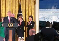 President Donald J. Trump, left, flanked by Transportation Secretary Elaine Chao (R) and Vice President Mike Pence (L). Air traffic controllers talk with pilots inside the control tower at Los Angeles International Airport. (Photos: White House/Reuters)