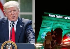 Left: President Donald J. Trump announces his decision to pull out of the Paris Climate Accord, the Paris Agreement on June 1, 2017. Right: The illuminated Arc de Triomphe in Paris, France, on November 4, 2016. (Photos: PPD/Reuters)