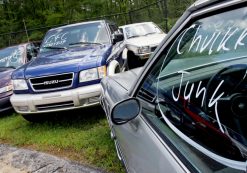 Vehicles traded in for the government's Cash for Clunkers program are seen at a lot owned by Ira Toyota in Danvers, Mass. Monday, Aug. 24, 2009. It was a race to the finish for dealers and customers alike as the Cash for Clunkers program headed into its final lap on Monday. Over the weekend, car dealers across the country watched their lots grow empty as crowds rushed to trade in gas guzzlers after the government said that the $3 billion rebate program would end at 8 p.m. EDT Monday, two weeks earlier than expected. (Photo: AP)