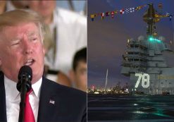 President Donald J. Trump, left, delivers his address before commissioning the USS Gerald R Ford, right, in Virginia on July 22, 2017.