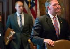 Senate Minority Leader Bill Brady, R-Bloomington, right, listens to the brief debate on a package of budget bills passed by the Senate on Tuesday, July 4, 2017, at the Capitol in Springfield, Ill. (Photo: AP)