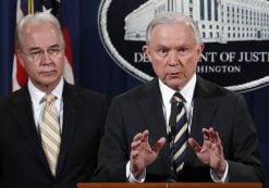 Attorney General Jeff Sessions, with Health and Human Services Secretary Tom Price, left, speaks about opioid addiction during a news conference, Thursday, July 13, 2017, at the Department of Justice in Washington. (Photo: AP)