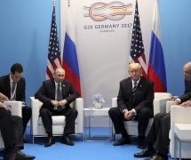 U.S. President Donald Trump (third from right) and Secretary of State Rex Tillerson (right) meet with Russian President Vladimir Putin (third from left) and Foreign Minister Sergey Lavrov (left) at the G20 summit in Hamburg, Germany on July 7. (Photo: Kremlin via Reuters)