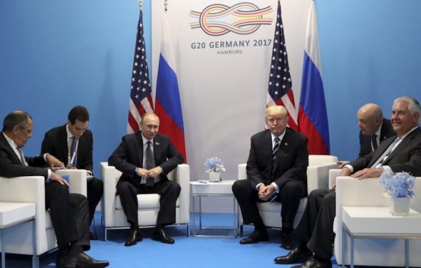 U.S. President Donald Trump (third from right) and Secretary of State Rex Tillerson (right) meet with Russian President Vladimir Putin (third from left) and Foreign Minister Sergey Lavrov (left) at the G20 summit in Hamburg, Germany on July 7. (Photo: Kremlin via Reuters)