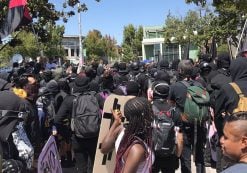 Antifa, otherwise known as so-called anti-fascists, gather outside Martin Luther King Jr. Civic Center Park during a protest in Berkeley, California, on Sunday, August 27th, 2017.